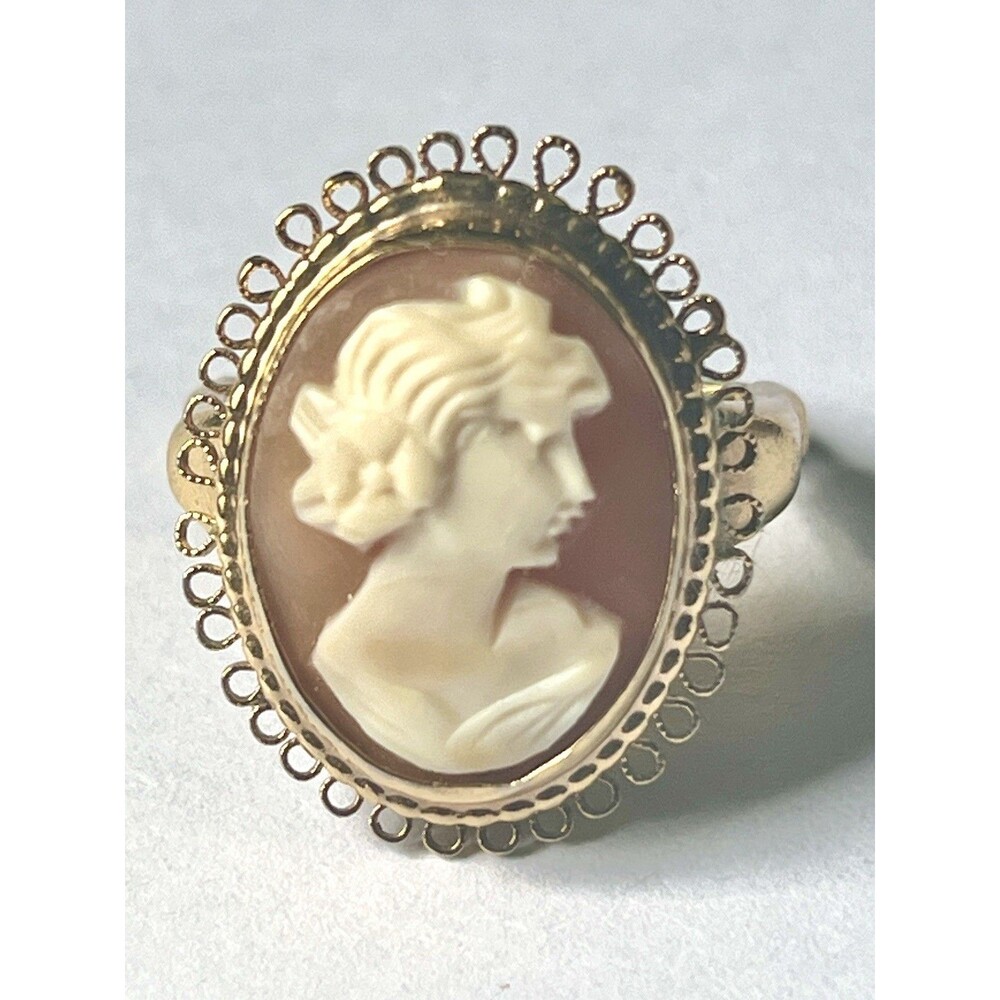 Vintage Shell Cameo Ring Lady Portrait Filigree Gold Tone Estate Sz Adjustable